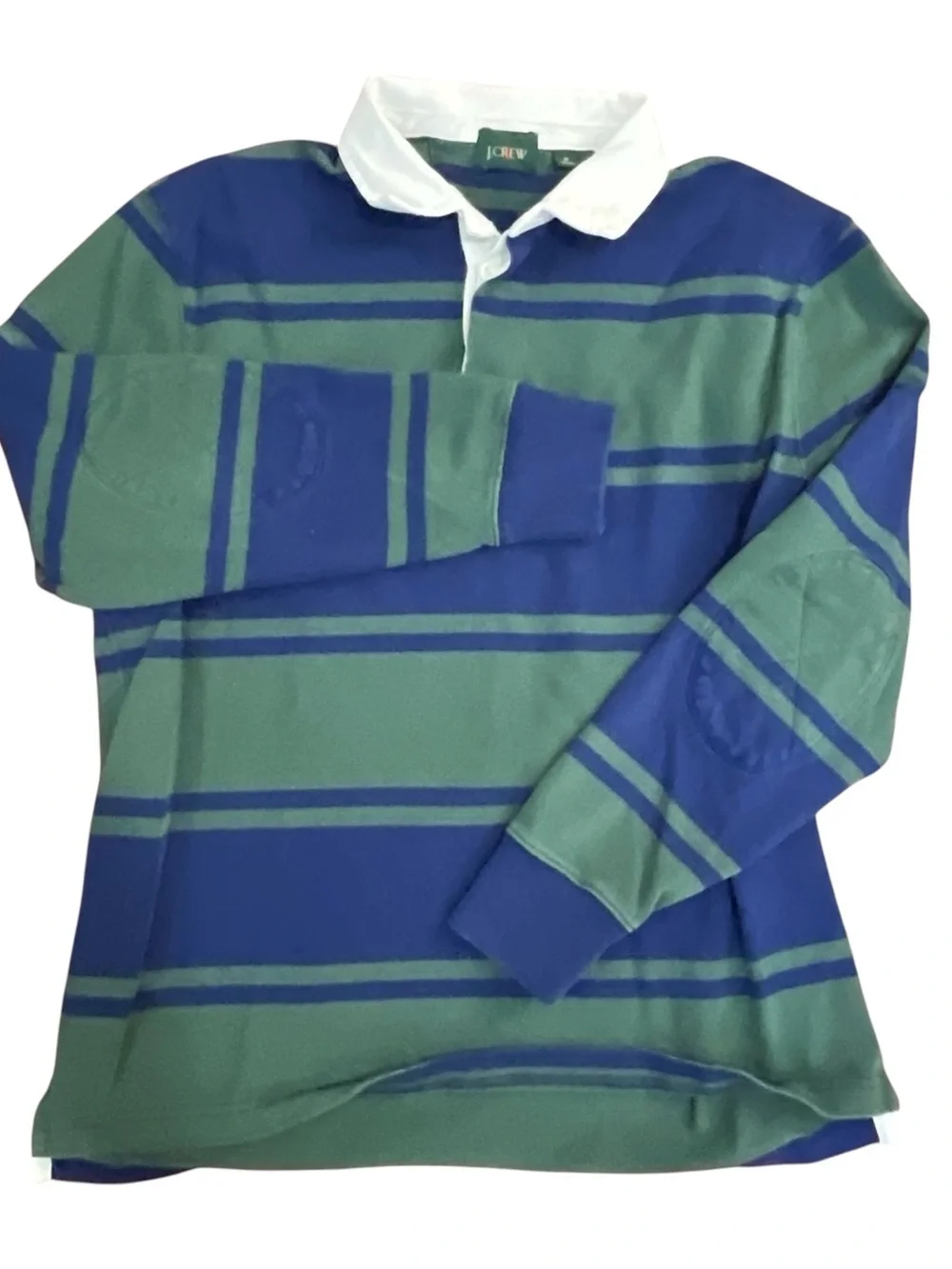 J.Crew Oarsman Rugby Polo Men’s M Green Blue Stripe Long Sleeve Elbow Patch